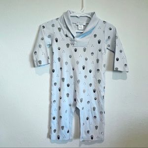 Feather Baby shawl-neck romper blue acorn print Pima cotton